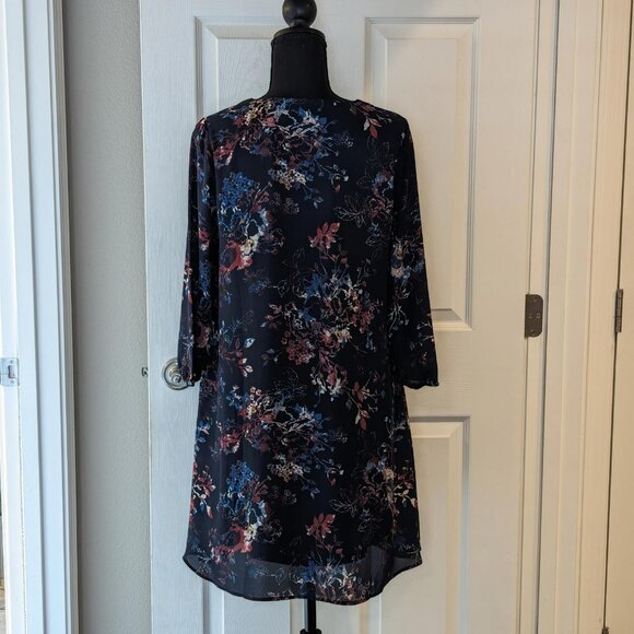DR2 Navy Blue‎ Casual Floral Popover V-Neck 3/4 Sleeve Dress - Picture 2 of 7